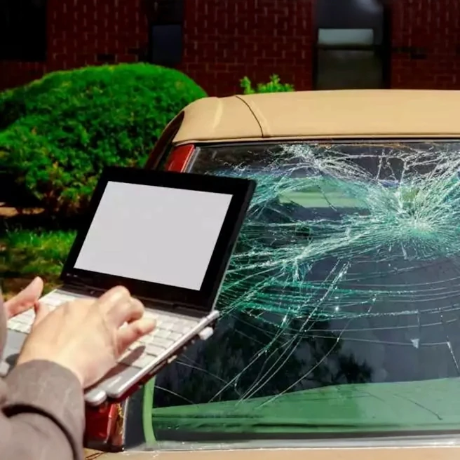 Analyse des preuves après un accident de la route, avec un véhicule endommagé et des éléments numériques utilisés dans le cadre de l’enquête