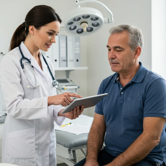 Médecin présentant les résultats d’une expertise médicale à un patient dans le cadre d’une aggravation du préjudice corporel.