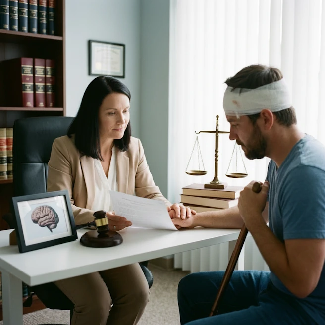 Avocate recevant un patient avec traumatisme crânien lors d’un rendez-vous d’expertise en dommage corporel.