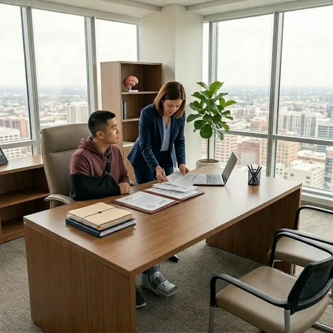 Victime d’un traumatisme crânien en entretien avec une avocate spécialisée en dommage corporel pour l’analyse d’un dossier d’indemnisation.