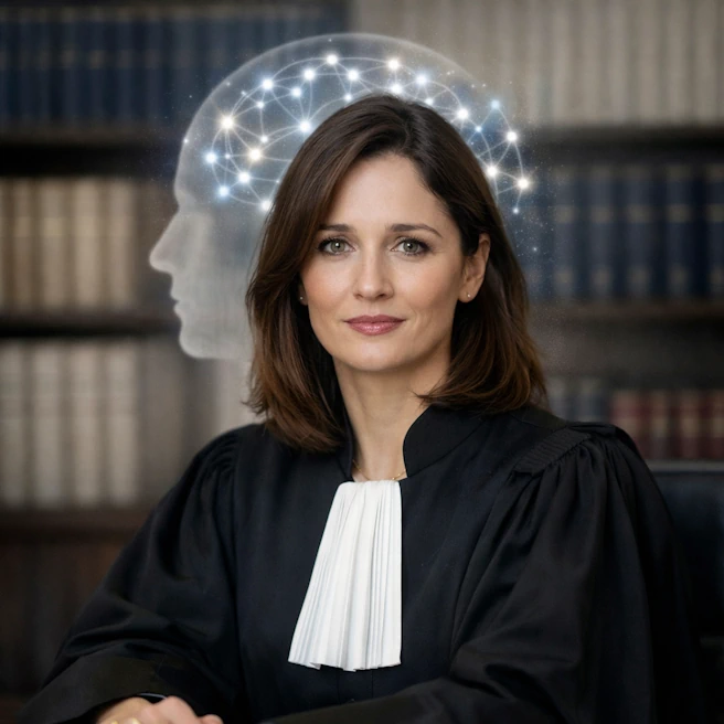 Avocate en robe au sein d’un cabinet juridique avec représentation symbolique d’un cerveau lumineux évoquant un handicap invisible après traumatisme crânien.