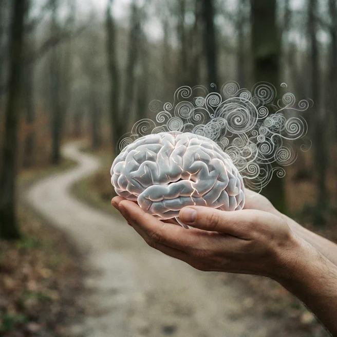 Illustration symbolique du stress post-traumatique après un traumatisme crânien : cerveau tenu dans la main avec fissures lumineuses.