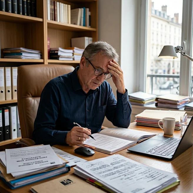 Homme consultant des documents juridiques dans un bureau, illustrant les difficultés d’organisation et de concentration liées au syndrome dysexécutif après un traumatisme crânien.