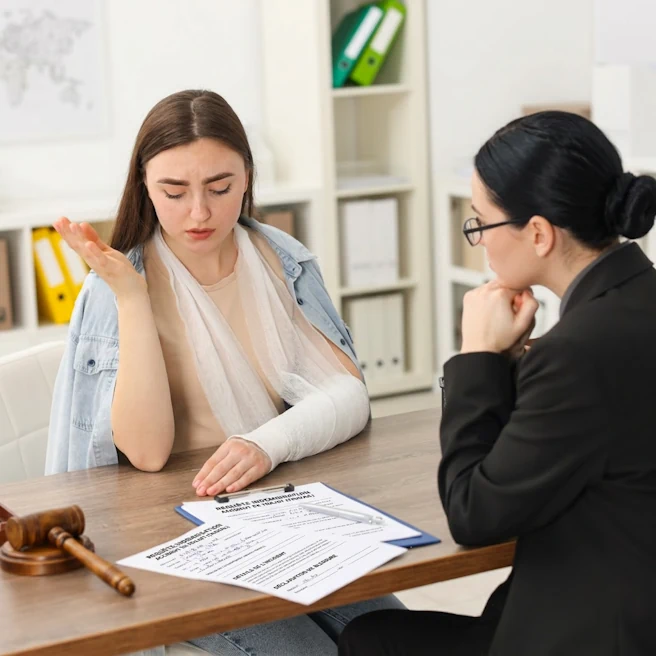 Victime d’un accident de trajet consultant une avocate pour indemnisation et démarches juridiques.