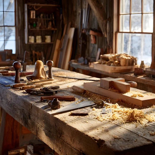 Atelier de menuisier avec outils et établi en bois, illustrant l’impact d’un dommage corporel sur l’activité professionnelle d’un artisan.