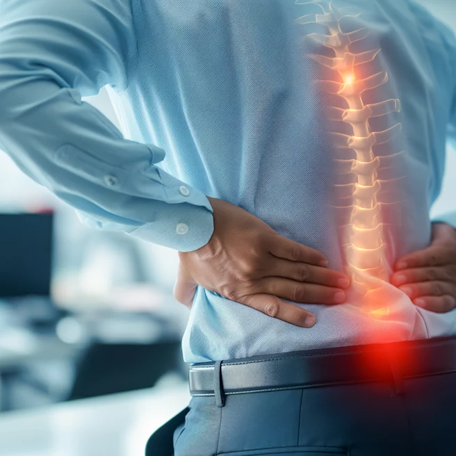 Personne tenant son bas du dos avec visualisation de la zone lombaire douloureuse.