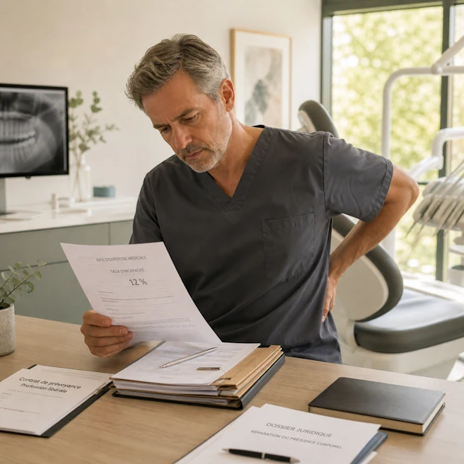 Dentiste consultant un avis d’expertise médicale après un refus de garantie invalidité de son assurance prévoyance professionnelle.