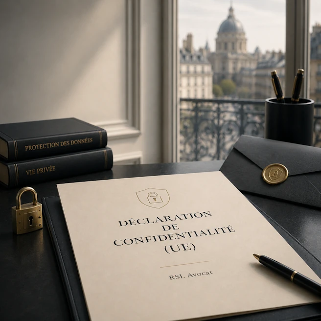 Document de déclaration de confidentialité sur un bureau d’avocat avec symbole de protection des données, pour la page Confidentialité de RSL Avocat.