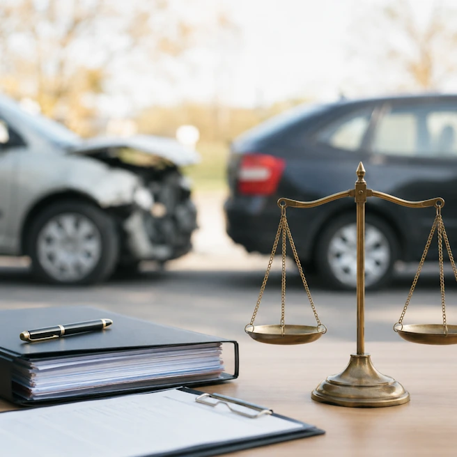 Balance de justice au premier plan avec dossier juridique et voitures accidentées en arrière-plan pour illustrer la loi Badinter et l’indemnisation après un accident de la route.