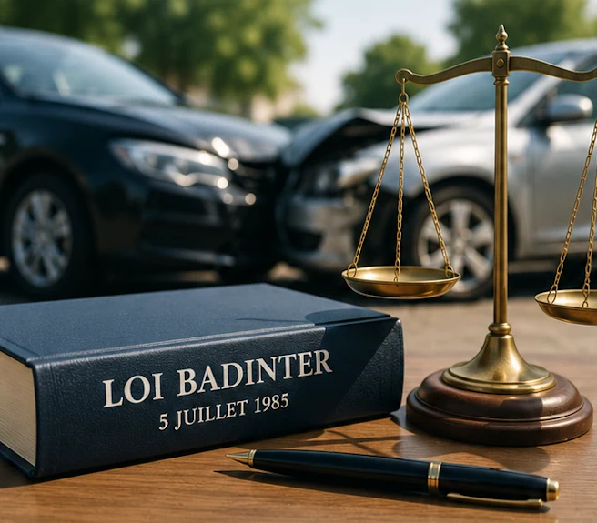 Balance de justice, livre de loi et véhicules accidentés pour illustrer la loi Badinter et l’indemnisation des victimes d’accident de la route.