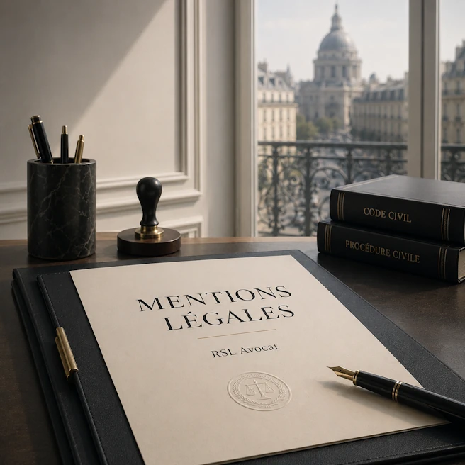 Document de mentions légales sur un bureau d’avocat à Paris, pour la page Mentions légales de RSL Avocat.