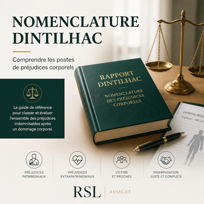 Illustration de la nomenclature Dintilhac avec rapport, balance de justice et expertise médicale pour classer les postes de préjudices corporels.