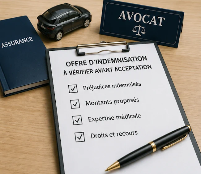 Tablette d’indemnisation à vérifier, dossier d’assurance et plaque avocat sur un bureau.