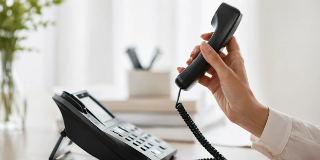 Main qui tient un téléphone de bureau dans un environnement professionnel lumineux
