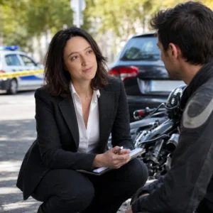 Illustration d’une avocate échangeant avec un motard sur les lieux d’un accident de moto