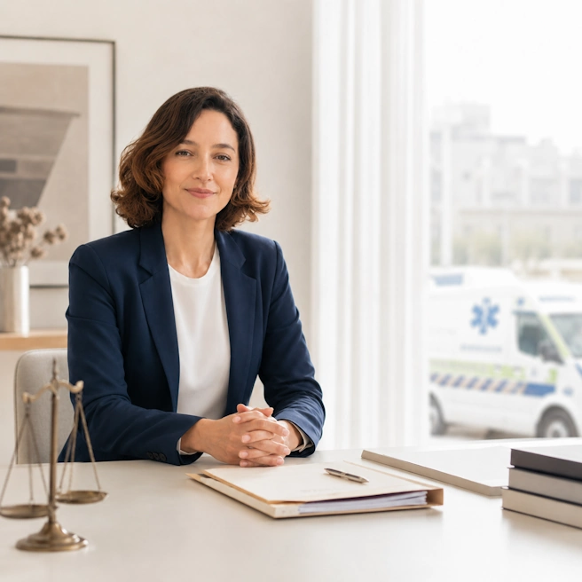 Avocate en dommage corporel de RSL Avocat dans son cabinet à Paris, avec un dossier médical et une ambulance en arrière-plan
