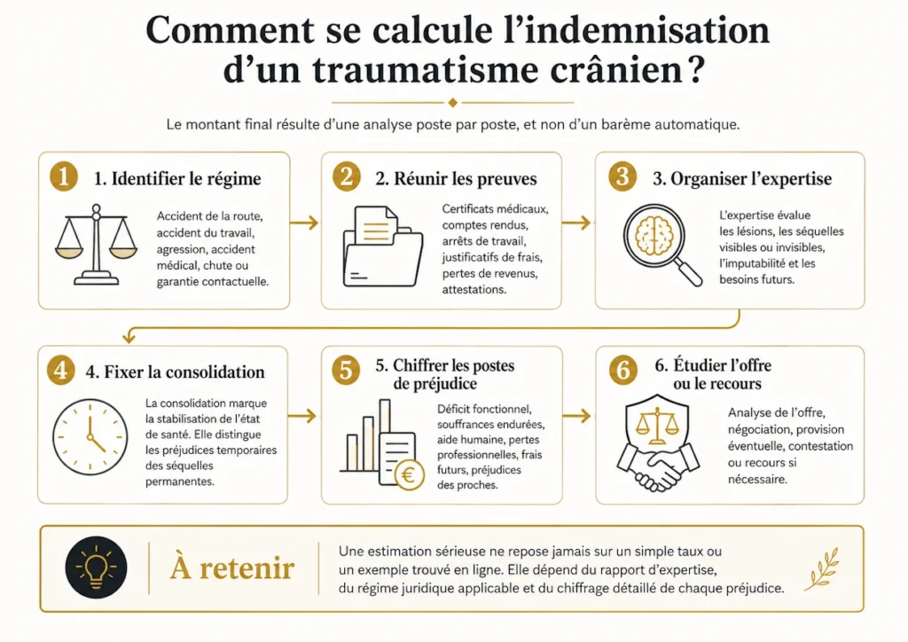 Infographie présentant les six étapes du calcul de l’indemnisation après un traumatisme crânien, du choix du régime juridique au recours.