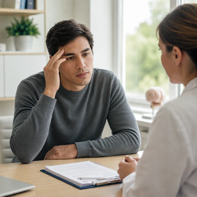 Personne décrivant des maux de tête lors d’une consultation après un choc