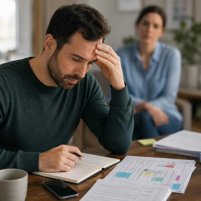 Adulte fatigué et concentré sur des documents, avec une proche en arrière-plan, illustrant un handicap invisible après un traumatisme crânien.