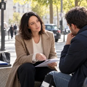 Une avocate examine des documents avec un homme portant une attelle à la jambe, près d’un passage piéton.