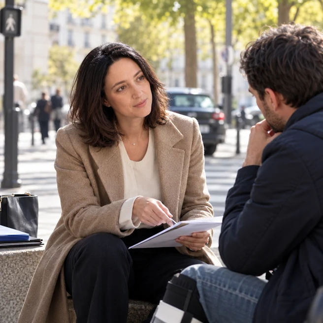 Une avocate examine des documents avec un homme portant une attelle à la jambe, près d’un passage piéton.