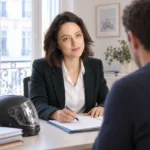 Illustration de Raphaële Secnazi Leiba examinant un dossier d’accident de scooter avec un client.