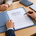 Mains d’une avocate examinant un dossier médical relatif à la vaccination contre la Covid-19.