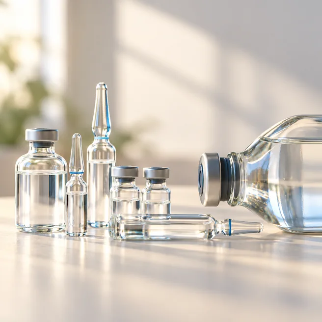 Flacons et ampoules pharmaceutiques en verre sur un fond clair.