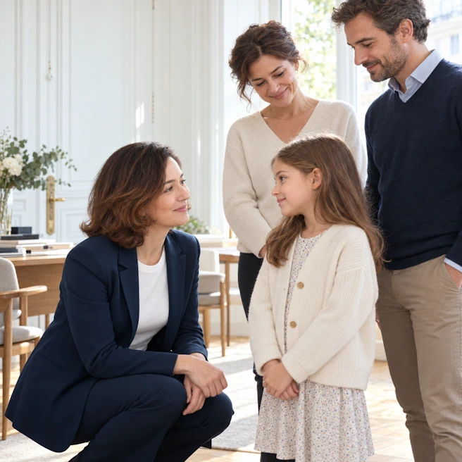 Illustration de Maître Raphaële Secnazi Leiba se mettant à hauteur d’une petite fille, accompagnée de ses parents au cabinet.